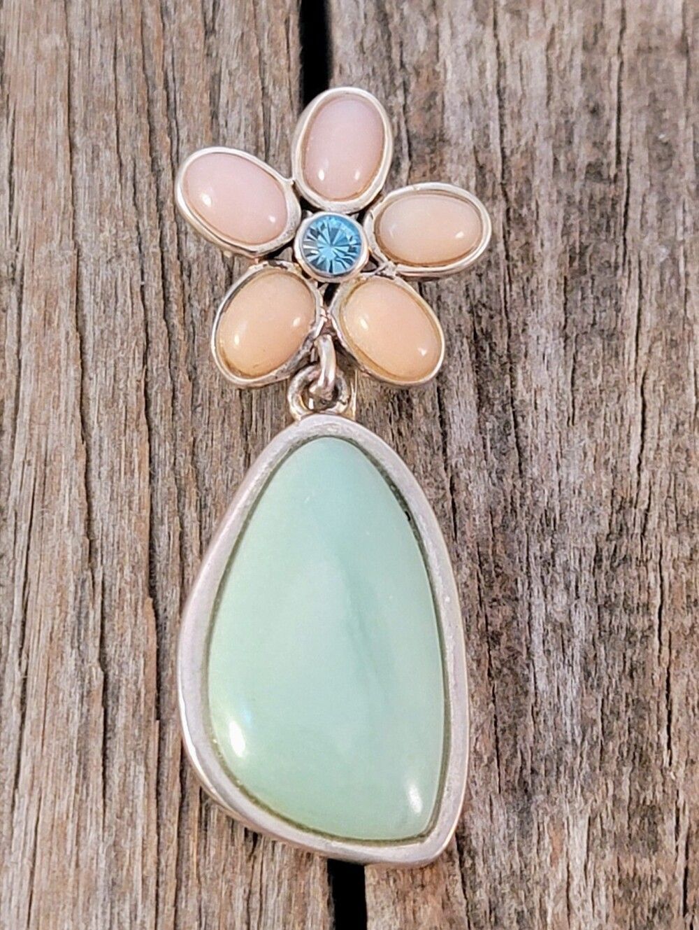 Barse Green Larimar Pink Chalcedony Flower Sterling Silver Pendant